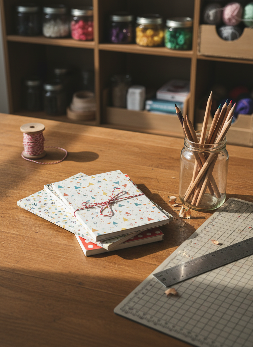 A cozy wooden desk covered in an inviting spread of creative tools: a stack of hand-bound notepads with colorful patterned covers, a small glass jar of sharpened pencils, a spool of baker’s twine, and a well-used cutting mat with a metal ruler resting diagonally. Soft morning sunlight filters through an unseen window, casting gentle, angled shadows and catching the texture of the paper fibers. In the blurred background, shelves of neatly arranged craft supplies and jars of buttons add depth. Photographic realism with a warm, playful atmosphere, captured from a slightly elevated angle with shallow depth of field, emphasizing the tactile materials and making the viewer feel ready to sit and start a project.