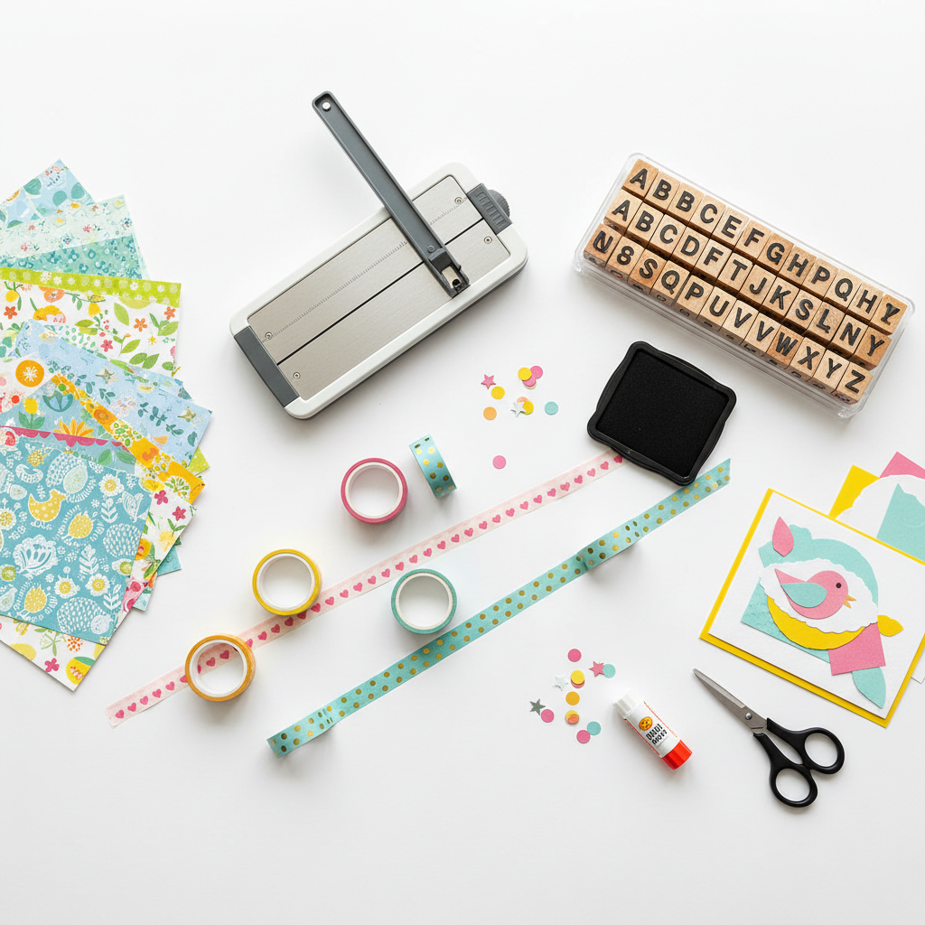 A flat-lay view of a colorful crafting session in progress on a smooth white table: neatly stacked patterned scrapbook papers, a small guillotine paper cutter, rolls of washi tape unfurling in playful stripes and polka dots, and a clear tray of alphabet stamps with an ink pad slightly askew. Scattered paper confetti and a partially assembled handmade card introduce a sense of creative mess. Bright, natural daylight from above creates even illumination with soft, almost imperceptible shadows, making every color pop. The mood is playful and energetic, captured in clean, photographic realism with sharp focus across the frame, ideal for illustrating hands-on creative skill-building.