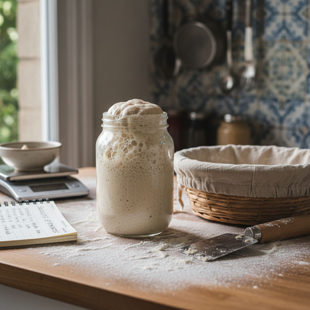 A rustic kitchen countertop dusted lightly with flour, showcasing an active sourdough scene: a clear glass jar of bubbly, mature starter, a round banneton basket lined with a linen cloth, and a dough-covered wooden bench scraper resting nearby. A digital kitchen scale and open notebook with handwritten measurements lie off to one side. Soft, diffused afternoon light from a nearby window highlights the airy bubbles in the starter and the rough texture of the flour. The mood is calm and experimental, encouraging learning. Shot at eye level in photographic realism, with the jar in sharp focus and the background kitchen tiles and utensils gently blurred for a welcoming, homey feel.